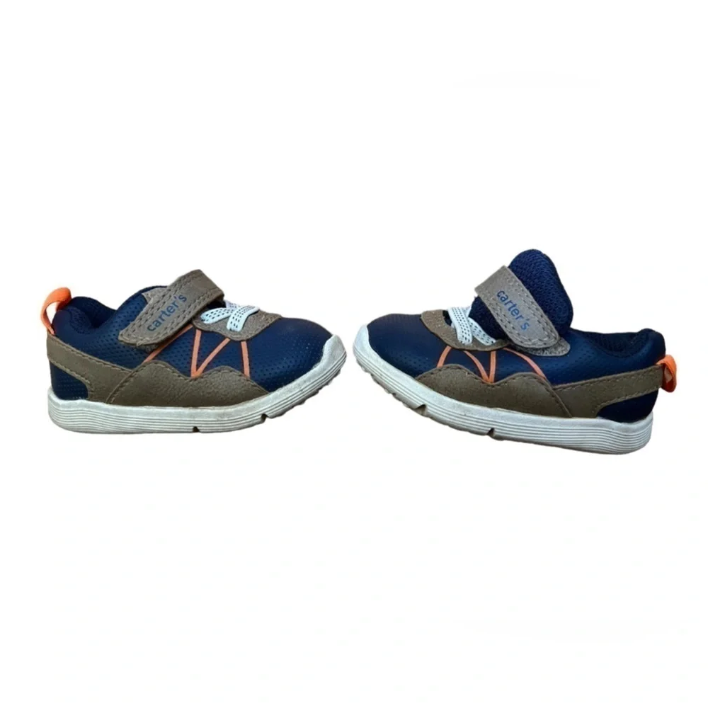 Carters 3M baby sneakers navy blue w/orange & brown accents